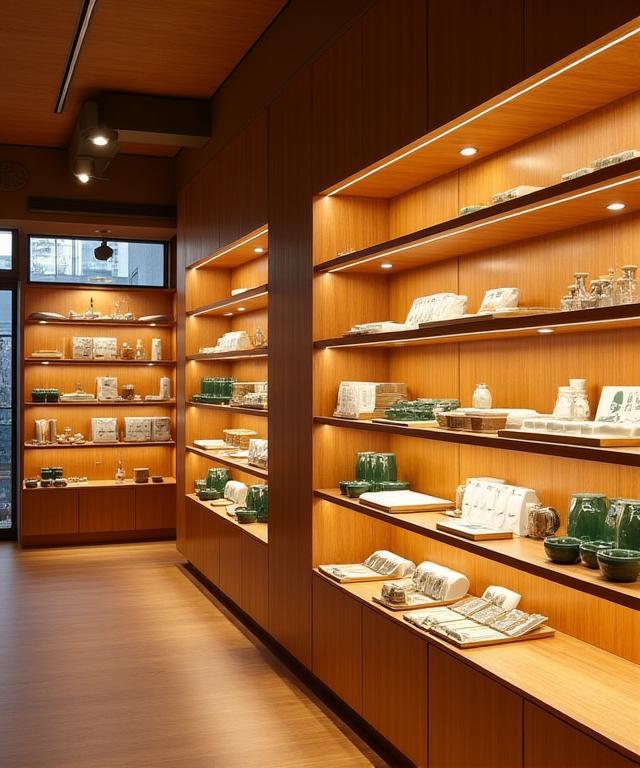 The warm and inviting interior of the Waryokushyo store, featuring natural wood shelves with eco-friendly products and calligraphy tools.
